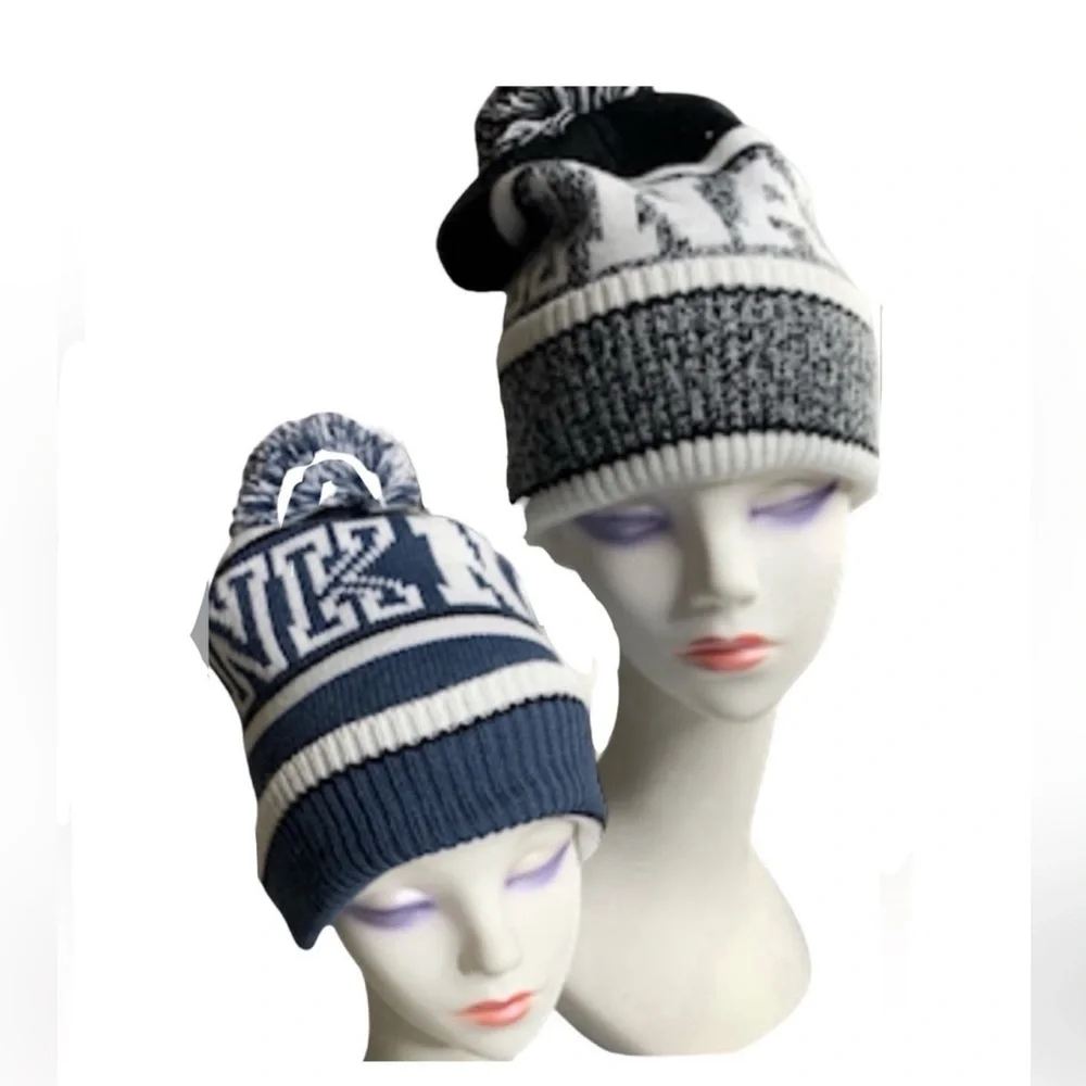 Victoria's Secret Lot Pink Nation Knit Beanies. Black White Gray Pom Logo